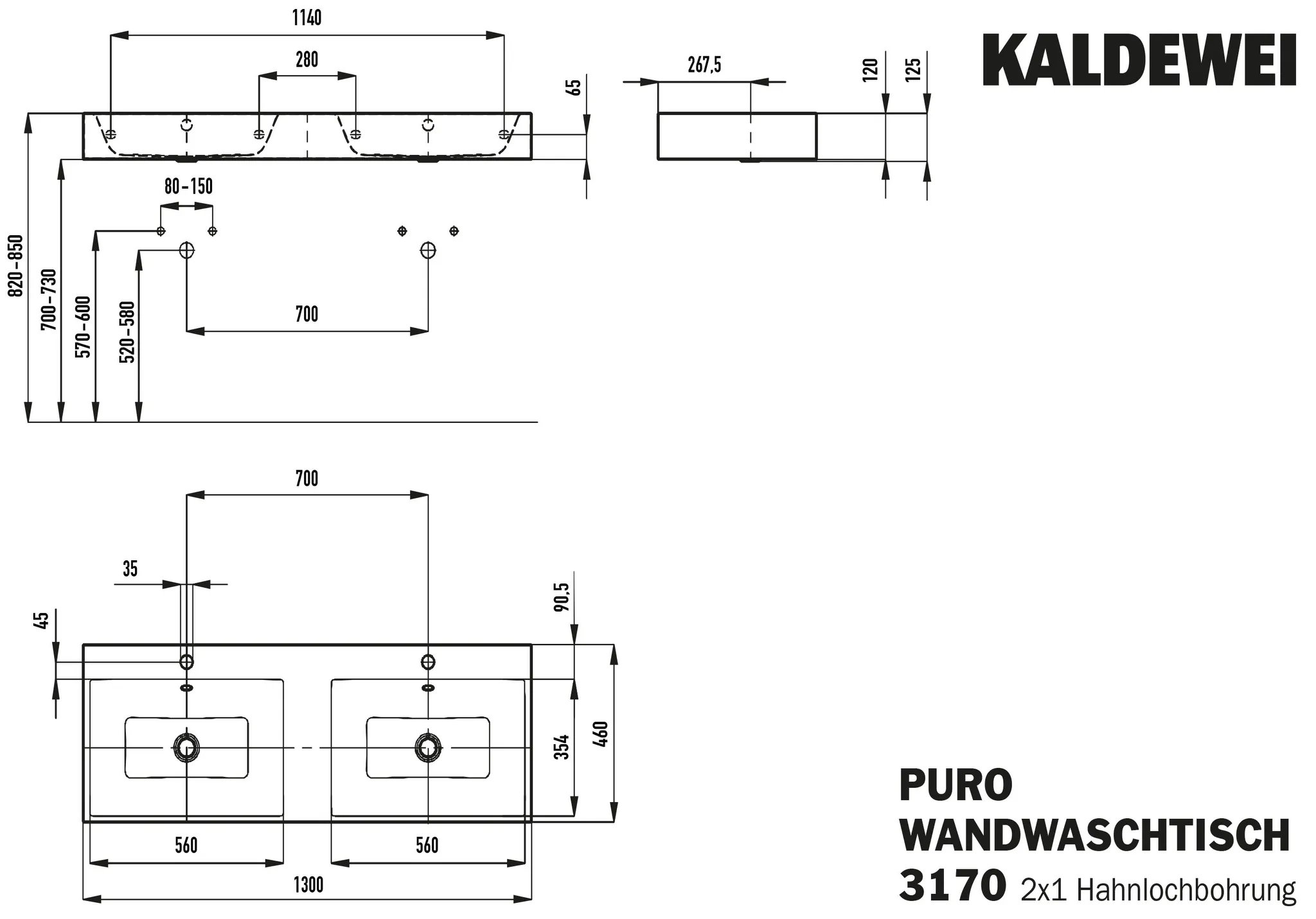 Doppelwaschtisch „Puro“ 130 × 46 cm in alpinweiß, mit Perl-Effekt Doppelwaschtisch „Puro“ 130 × 46 cm in alpinweiß, mit Perl-Effekt