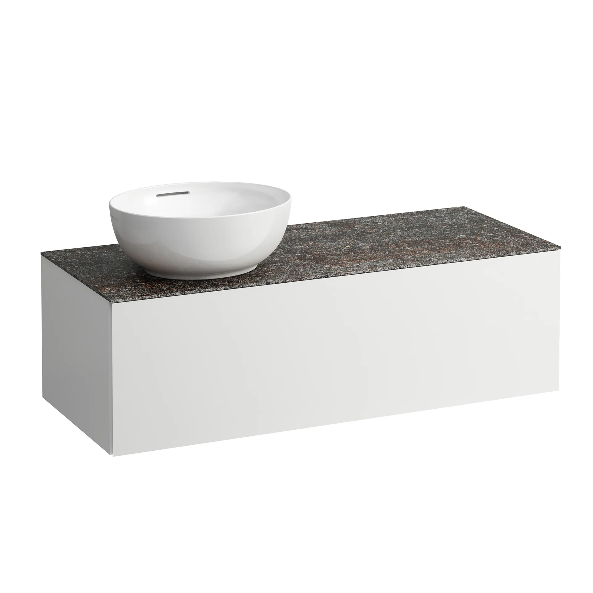 Schubladenelement (WT-Unterbau+WT-Platte) ILBAGNOALESSI 500x1200x370 1 Schublade integrierte versteckte Griffe seitlich Vollauszug Soft-Close Ausschnitt links Marrone Naturale Top inkl. gebohrtes Hahnloch passend zu Waschtisch H818975/6 Weiß matt