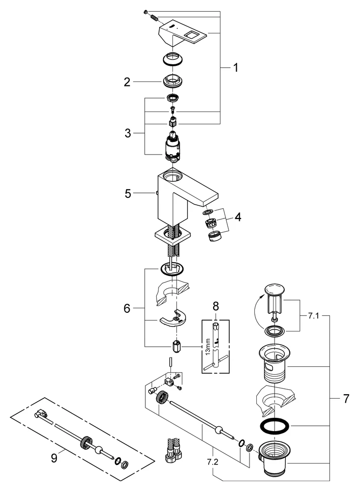 Einhand-Waschtischbatterie Eurocube 23390, S-Size, Einlochmontage, Zugstangen-Ablaufgarnitur 1 1/4″, Energie-Spar-Funktion Mittelstellung kalt, chrom