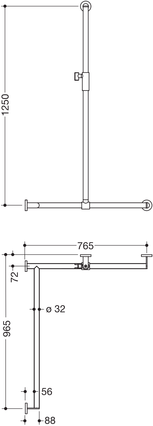 Duschhandlauf mit verschiebbarer Brausehalterstange, Edelstahl, PVD, mit magnetischem Brausehalter, senkrechte Länge 1250 mm, waagerechte Längen 765 mm und 965 mm, D: 32 mm, Ausführung links, in Farbe CK (messing glänzend)