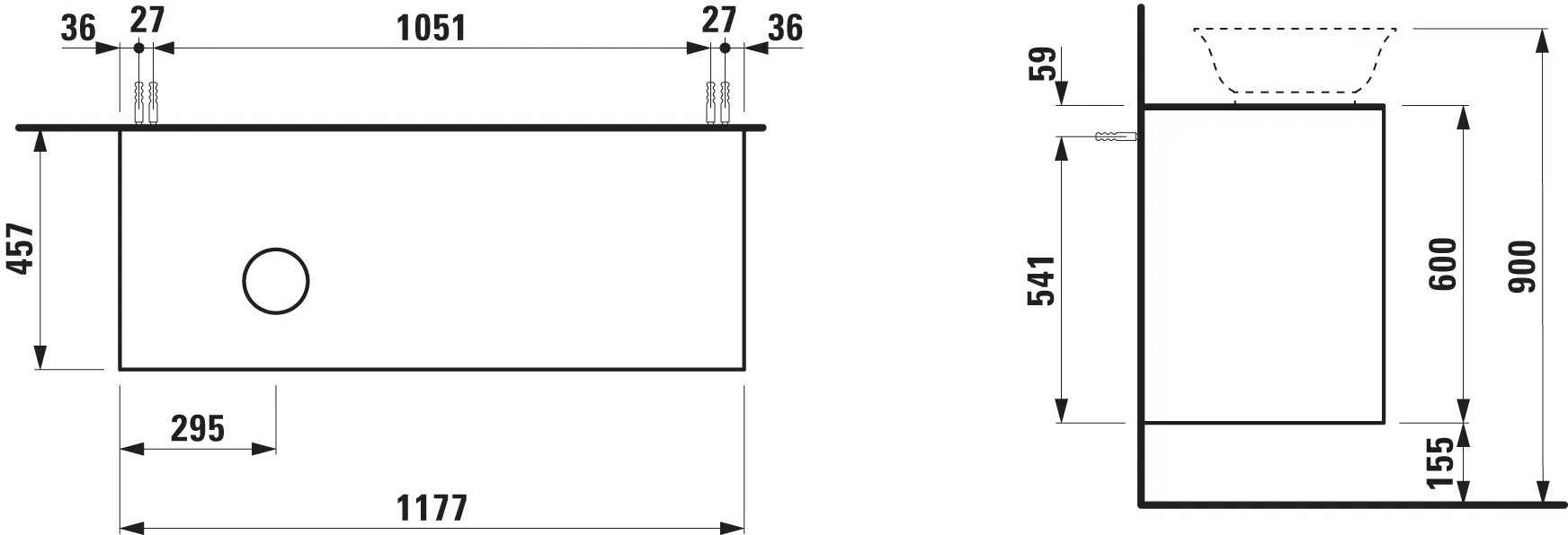 Laufen Waschtischunterbau „THE NEW CLASSIC“ 1177 × 600 × 457 mm Weiß matt, links