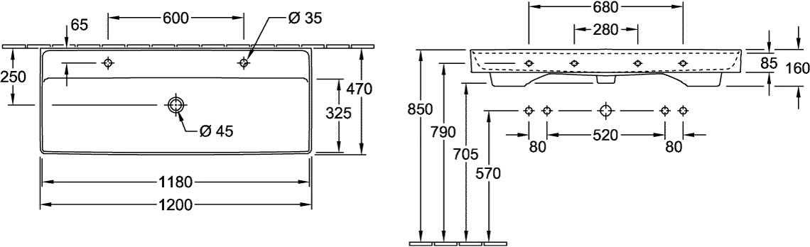 Villeroy & Boch Schrankwaschtisch aus TitanCeram „Collaro“ 1200 × 470 × 160 mm, Hahnlochposition links und rechts, mit Hahnlochbohrung in Weiß Alpin