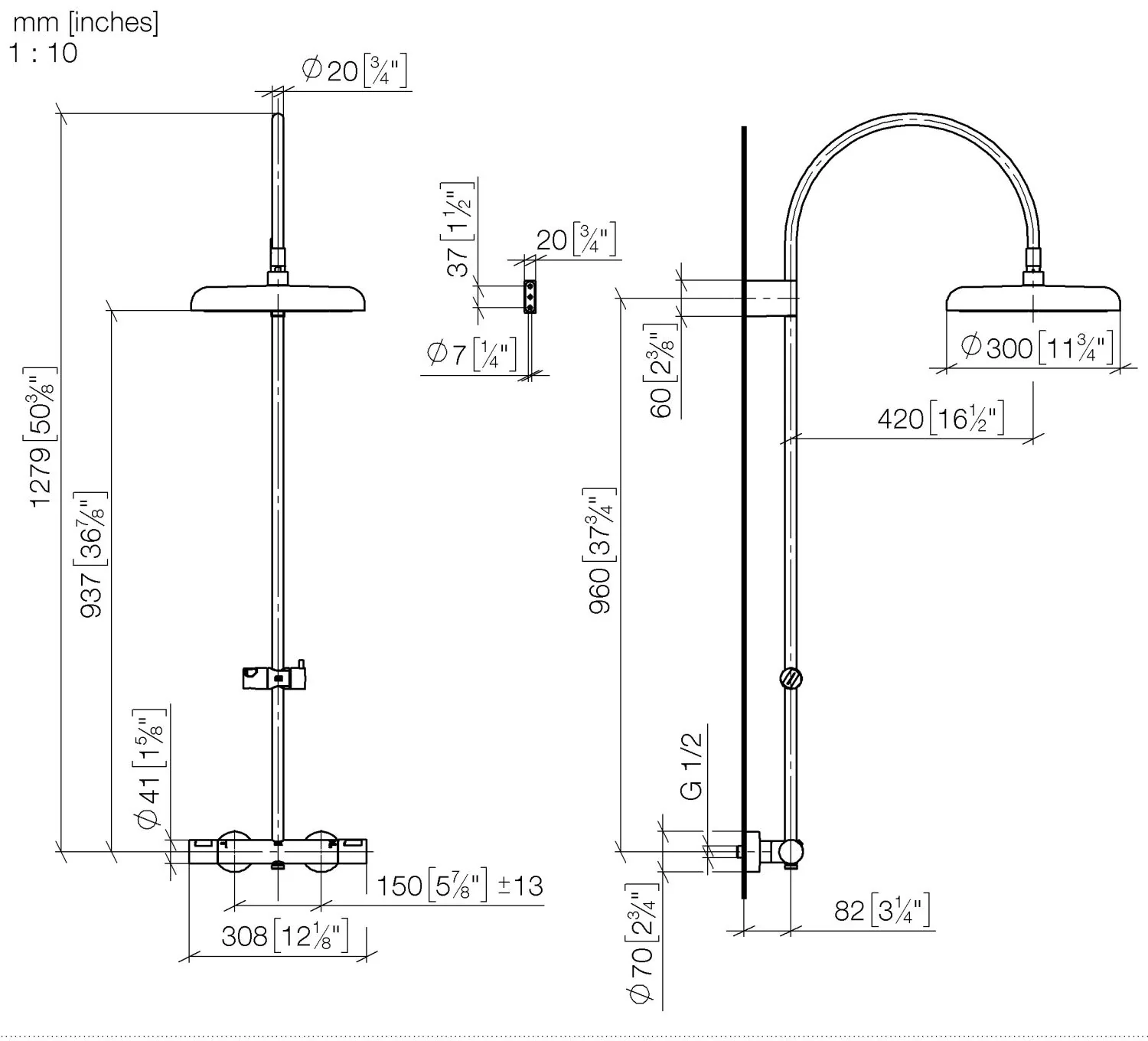 Dornbracht COYA Showerpipe mit Brause-Thermostat, Chrom, 300 mm, Ausladung 420 mm, Höhe bis Regenbrause 937 mm Dornbracht COYA Showerpipe mit Brause-Thermostat, Chrom, 300 mm, Ausladung 420 mm, Höhe bis Regenbrause 937 mm