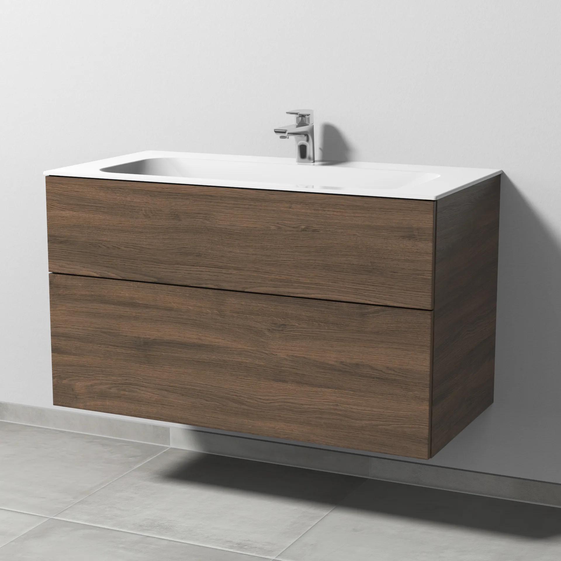 Keramik-Waschtisch-Set mit Waschtischunterschrank „3way“ 99 × 49,7 × 58,2 cm in Eiche Arizona, mit Hahnlochbohrung, Becken mittig
