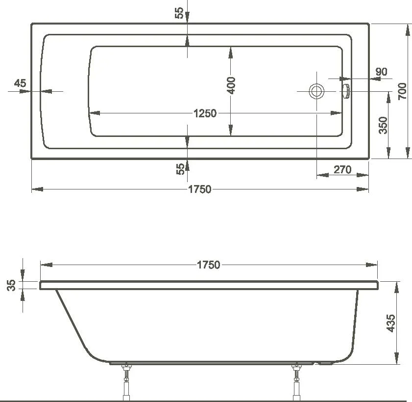 Integra Badewanne 175 x 70 cm Körperformwanne Einbauversion Weiß Hochglanz