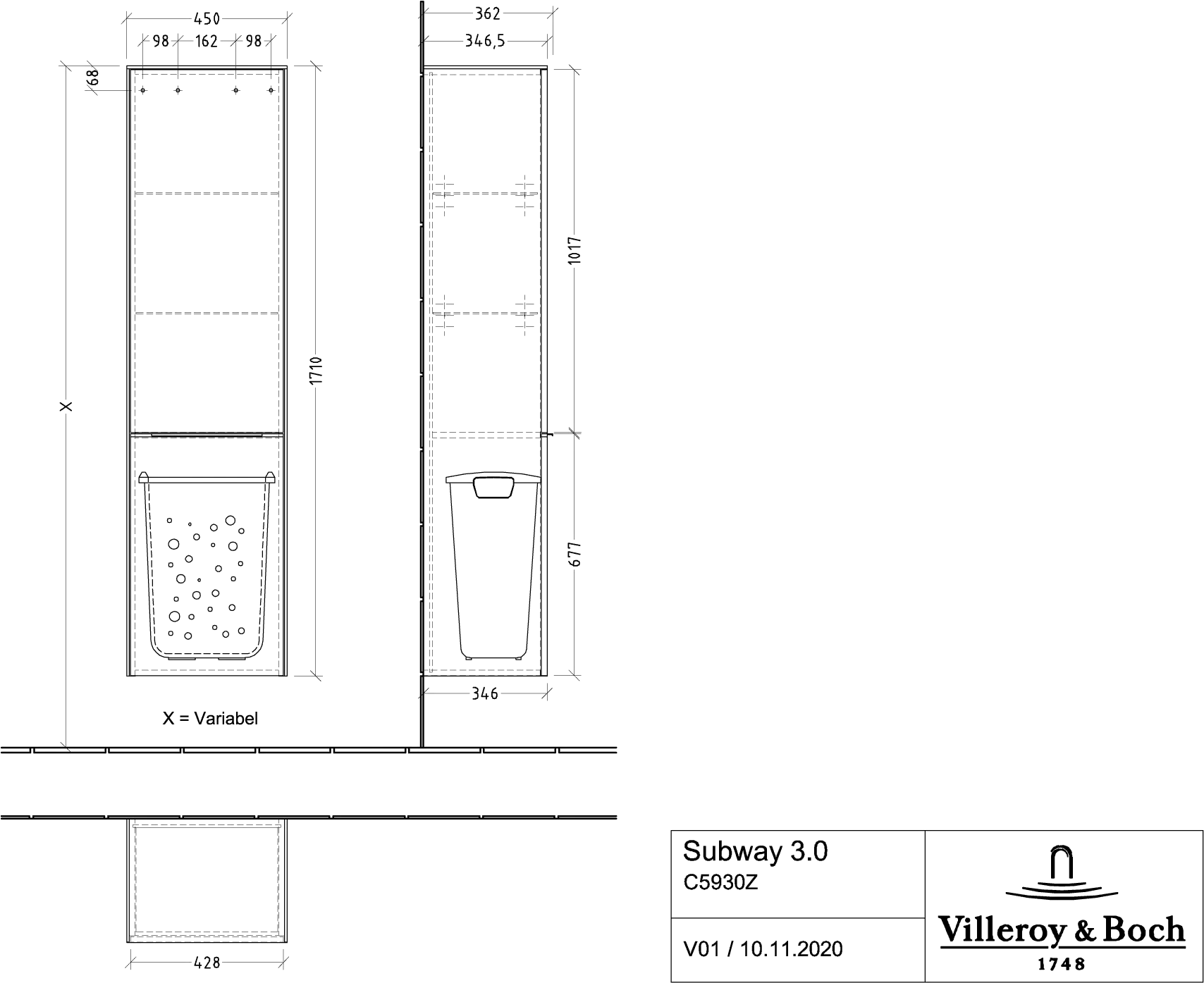 Villeroy & Boch Hochschrank mit Wäschekorb-Klappe „Subway 3.0“ 45 × 171 × 36,2 × 36,2 cm 1 Tür, 1 Wäscheklappe, 1 × fixer Fachboden, Anschlag: rechts, 2 × Glasfachboden, 1 Tür, Anschlag rechts