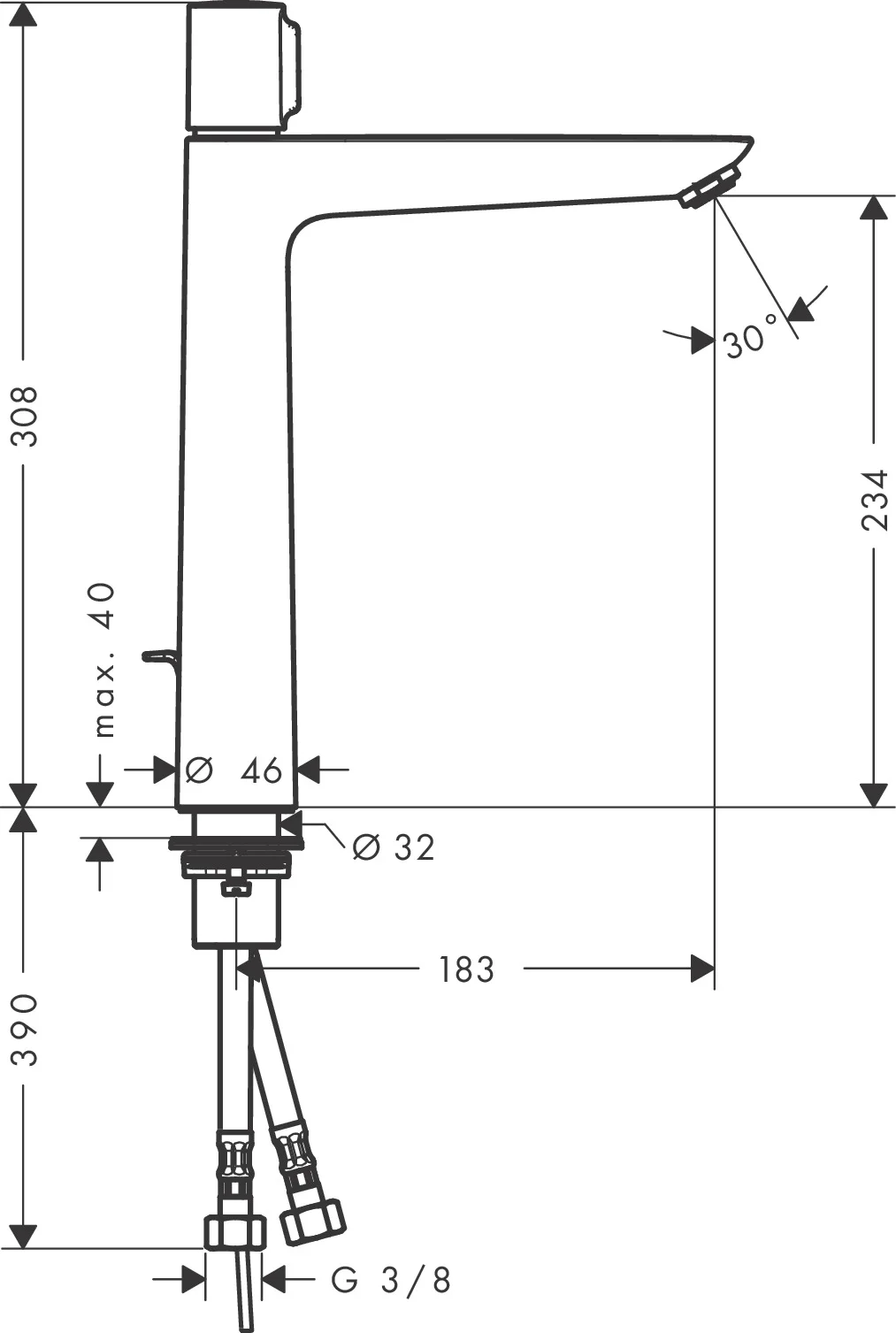 Hansgrohe Talis Select E Waschtischmischer 240 Chrom, Ausladung 183 mm, Auslaufhöhe 234 mm, Zylindergriff, Normalstrahl, max. Durchflussmenge 5 l/min Hansgrohe Talis Select E Waschtischmischer 240 Chrom, Ausladung 183 mm, Auslaufhöhe 234 mm, Zylindergriff, Normalstrahl, max. Durchflussmenge 5 l/min