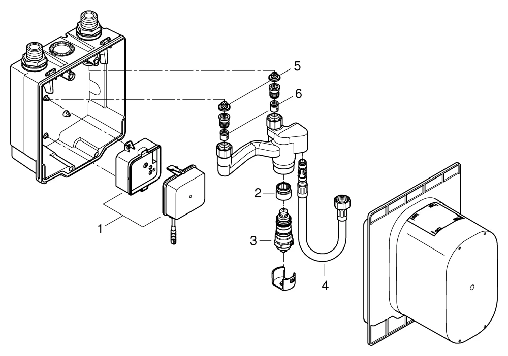 Unterputz-Einbaukasten Eurosmart CE 36336_1, mit verdeckter, voreinstellbarer thermostatischer Mischung, passend zu IR-Fertigmontagesets, mit Dichtmanschette, für normgerechte Wanddurchführung bei Wassereinwirkung nach DIN 18534:2017