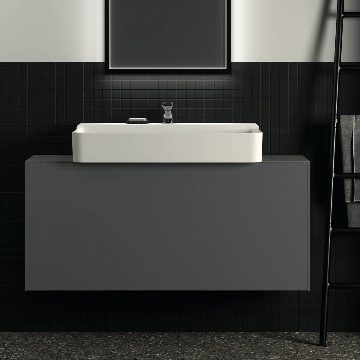 Waschtischplatte Conca, aus Keramik, 1202x373x6mm, Marmor Noir Desir