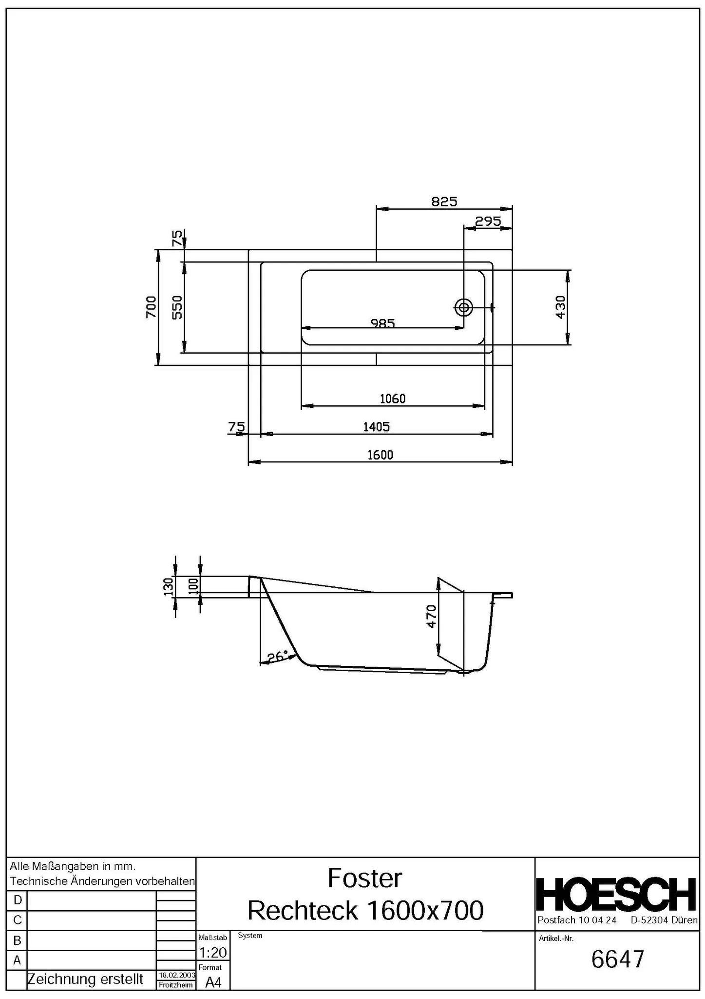 Hoesch Badewanne „Foster“ rechteck 160 × 70 cm in Weiß