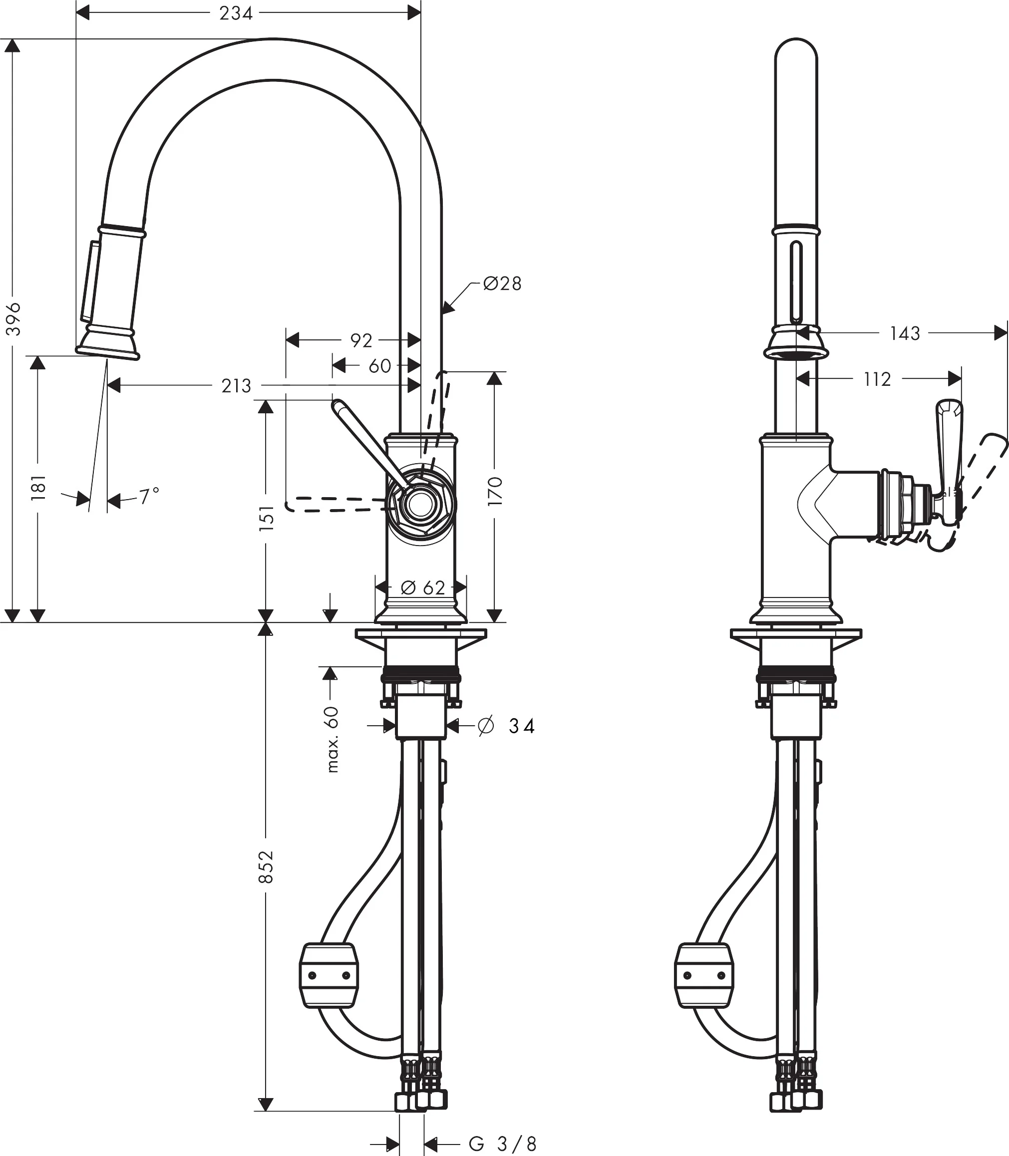 Hansgrohe AXOR Montreux Einhebel-Küchenmischer chrom mit Ausziehbrause, ComfortZone 180, Schwenkbereich 110° oder 150°, Laminarstrahl, arretierbarer Brausestrahl, MagFit magnetische Brausehalterung, Quick-Connect Schlauch, max. Durchflussmenge 9 l/min be