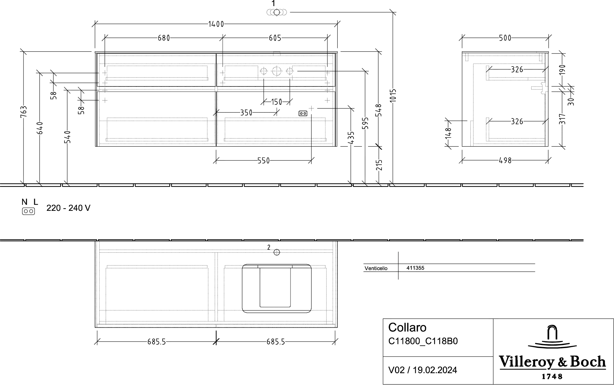 Villeroy & Boch Collaro Waschbeckenunterschrank C11800, 1400 x 548 x 500 mm, Cashmere Grey