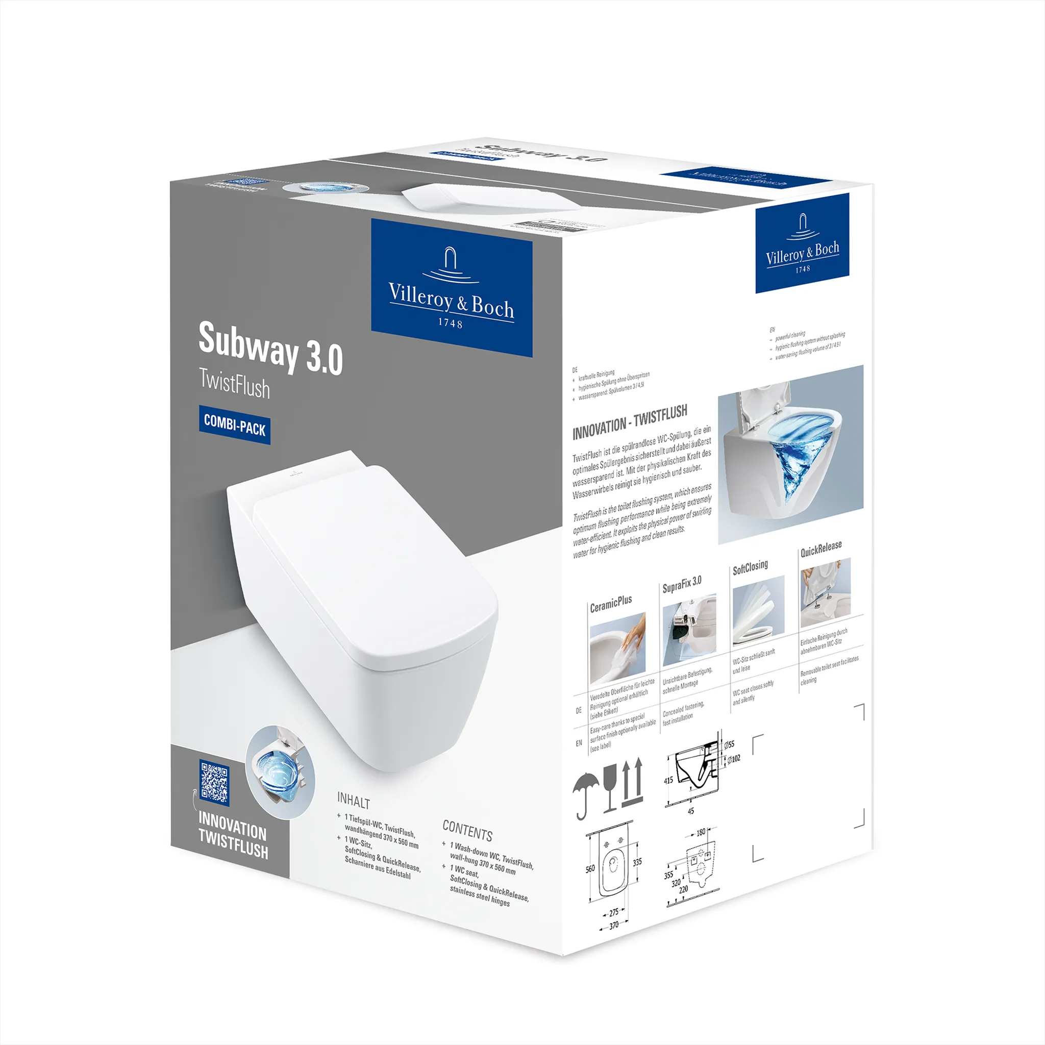 Combi-Pack Subway 3.0 4610TL, 370 x 560 x 355 mm, Oval, wandhängend, Abgang waagerecht, mit TwistFlush, Weiß Alpin