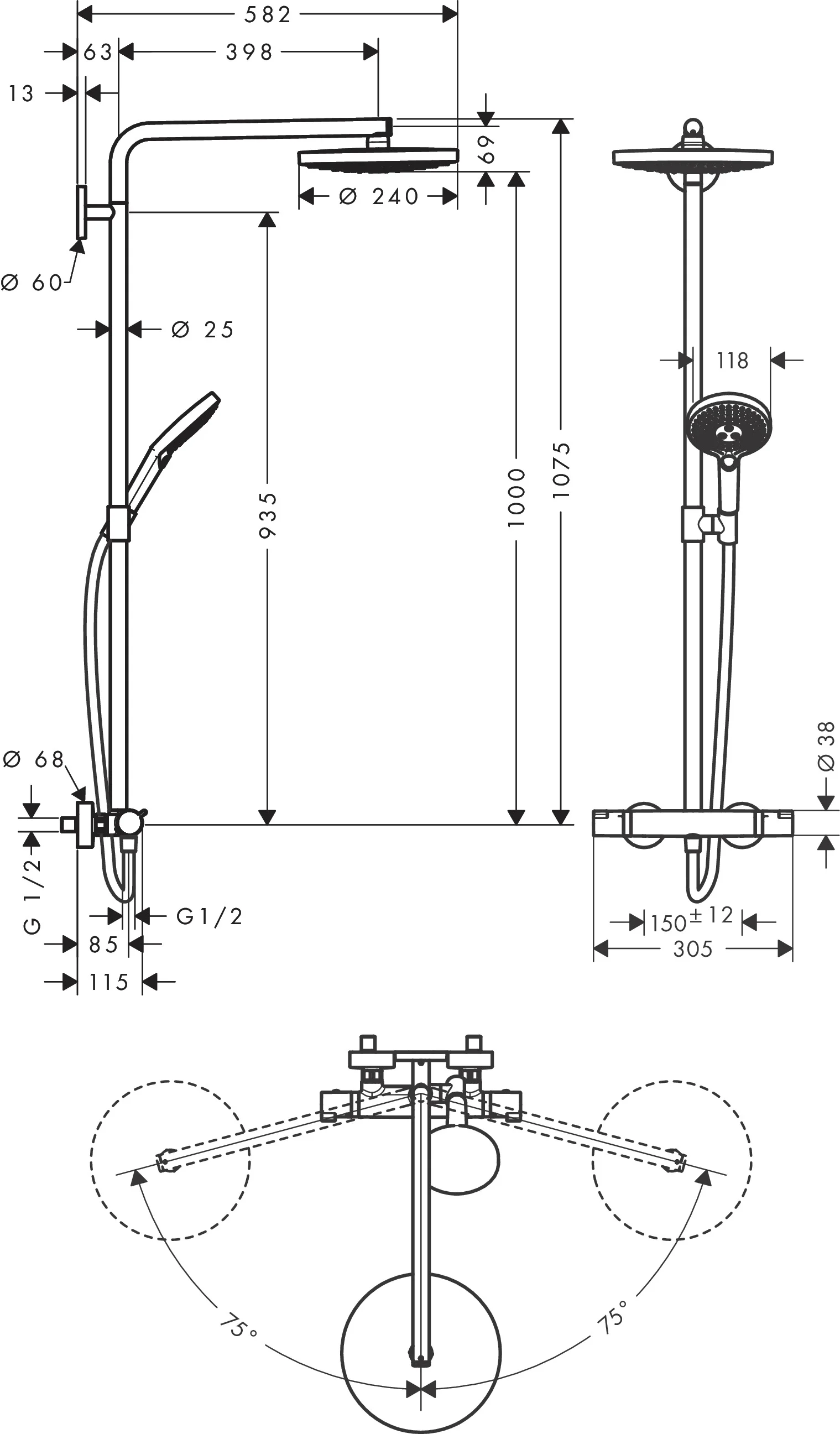 Hansgrohe Raindance Select S Showerpipe mit Thermostat, Chrom, 15 l/min, 398 mm Brausearmlänge
