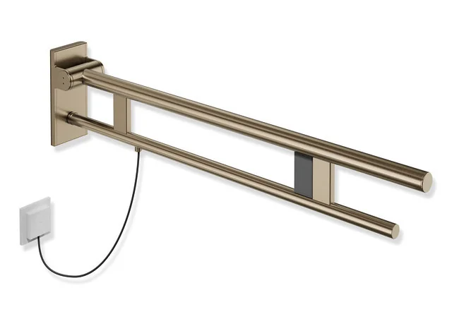 HEWI Stützklappgriff Duo, System 900, Design A, Edelstahl PVD bronze gebürstet, Ausladung 900 mm, rechts, mit Spülauslösung