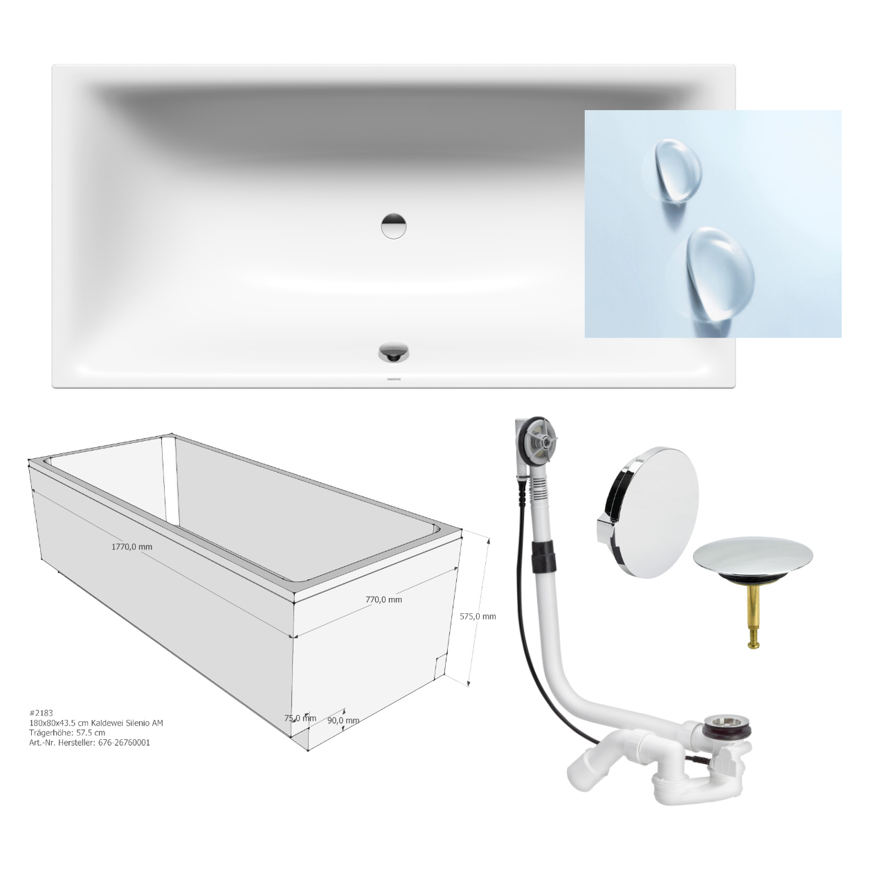 Set Badewanne Silenio 180 × 80 cm Perleffekt mit Träger und Viega-Ablauf,