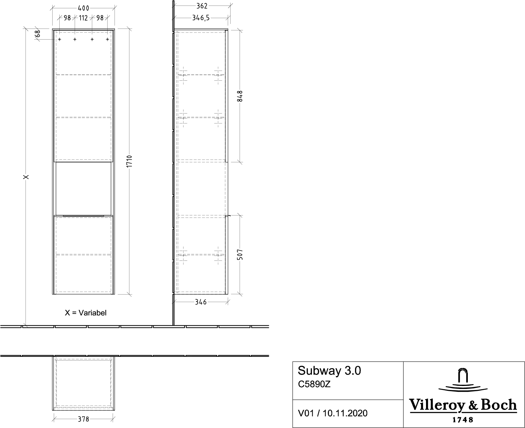 Villeroy & Boch Hochschrank Subway 3.0 C58902, 400 x 1710 x 362 mm, Eckig, Anschlag links, VM Taupe