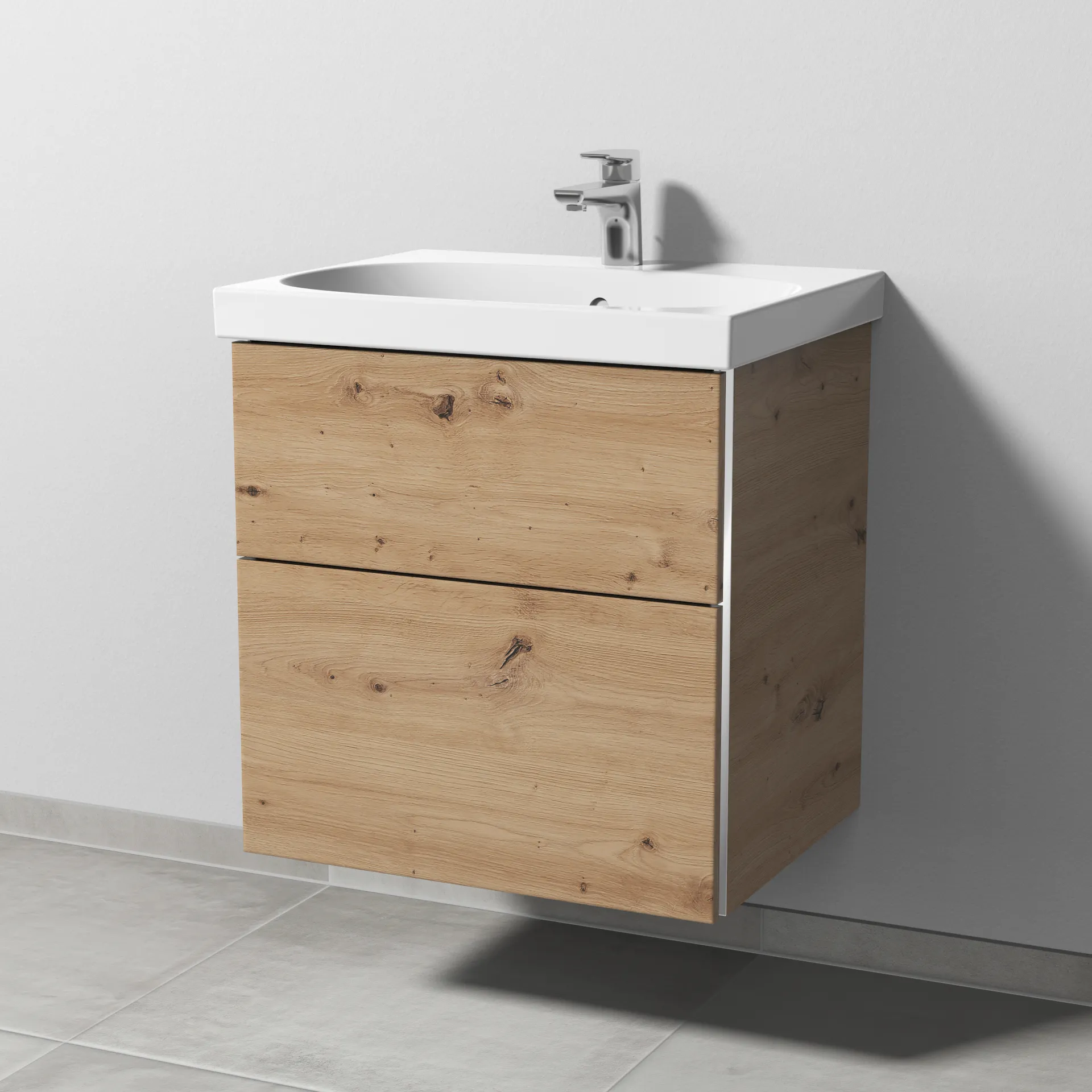 Sanipa Waschtischunterschrank „3way“ passend zu Keramik-Waschtische Acanto von Geberit 570 × 586 × 467 mm in Eiche Natural-Touch, mit Hahnlochbohrung,