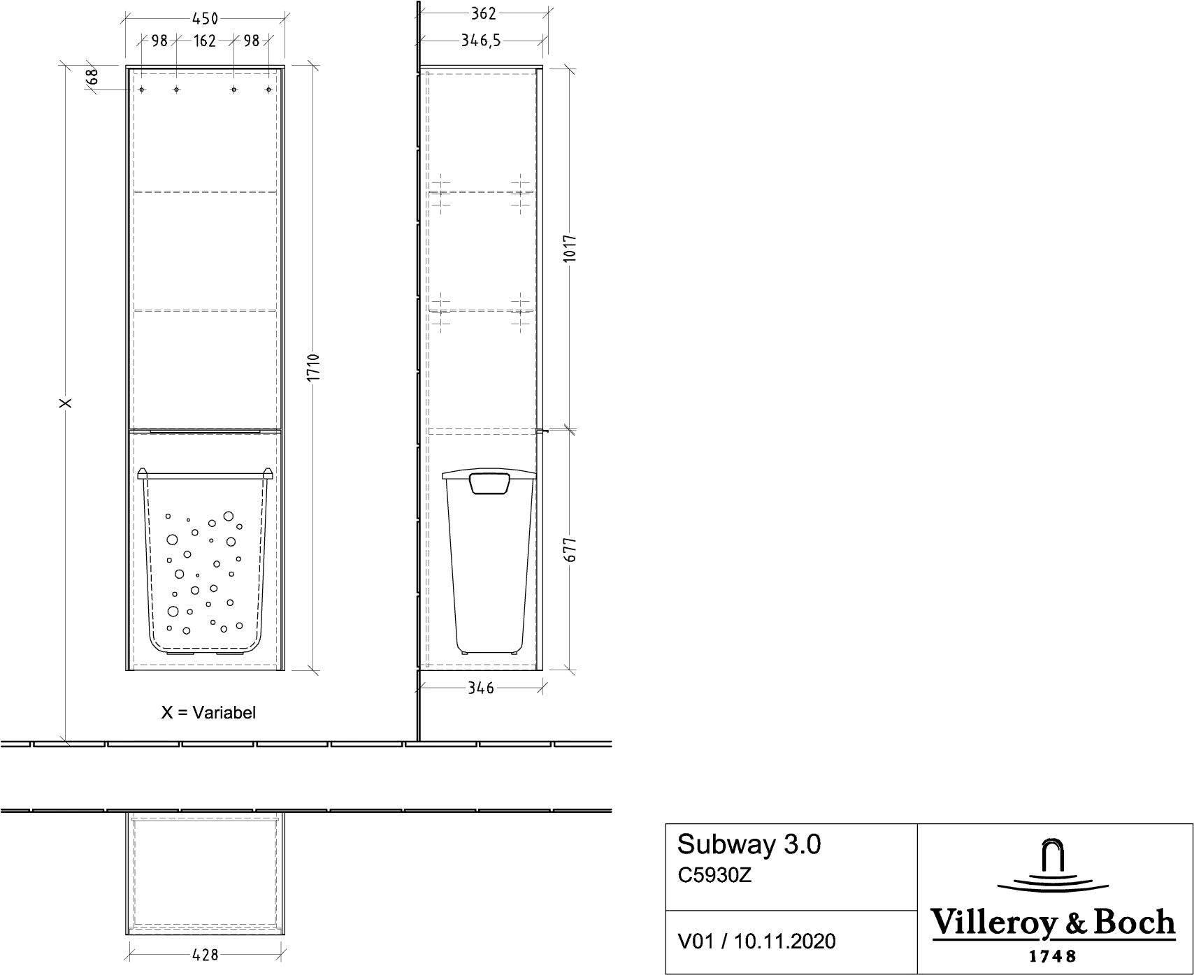 Villeroy & Boch Hochschrank Subway 3.0 C59301, 450 x 1710 x 362 mm, 1 Tür, Anschlag (Scharnier) rechts