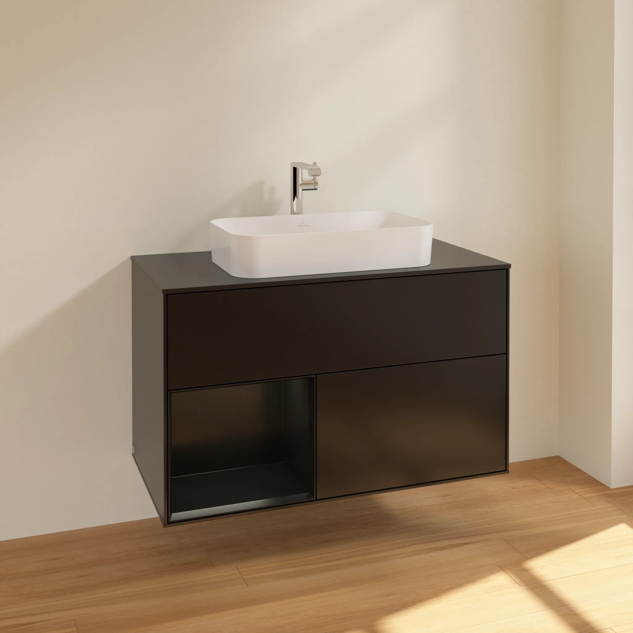 Villeroy & Boch Waschbeckenunterschrank Finion F24 in Black Matt Lacquer, 1000x603x501mm, mit Beleuchtung und Push-to-open Funktion