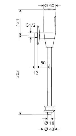 Infrarot-Aufputz-Urinal-Druckspüler TRONIC, DN 15, Aufputz-Urinal-Druckspüler, Vorabsperrung, Spülstrom 0,3 l/s, DN 15 G 1/2 AG, Innenverbinder Ø 43 mm (Spülrohr Ø 18 mm), chrom