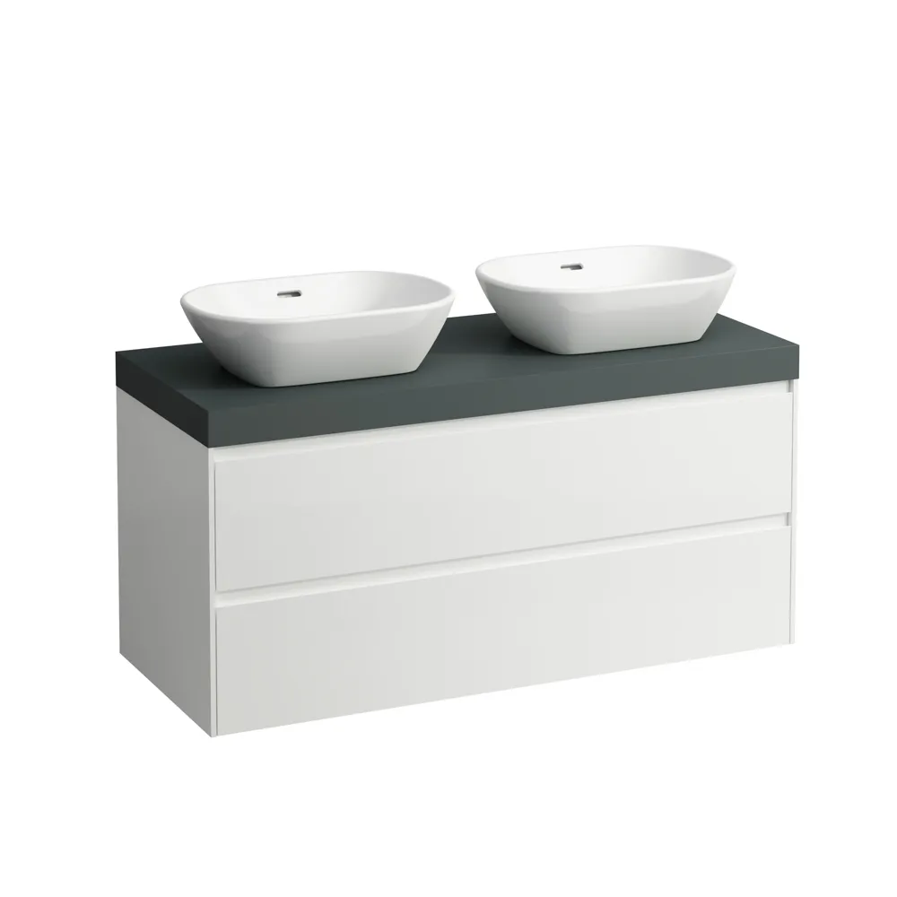Waschtischunterbau+Waschtischplatte (MODULAR SYSTEM) LANI 495x1185x580 mit Ausschnitt rechts und links Abdeckplatte 65 mm (Farbe: .266 verkehrsgrau), mit 2 Schubladen integrierter Griffleiste Vollauszug und Soft-Close weiß matt