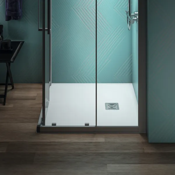 Ideal Standard Quadrat-Brausewanne Ultra Flat S +, Carraraweiß, 900x900 mm, Ablauf 25 cm Mitte/Seite, Bodenebener Einbau möglich