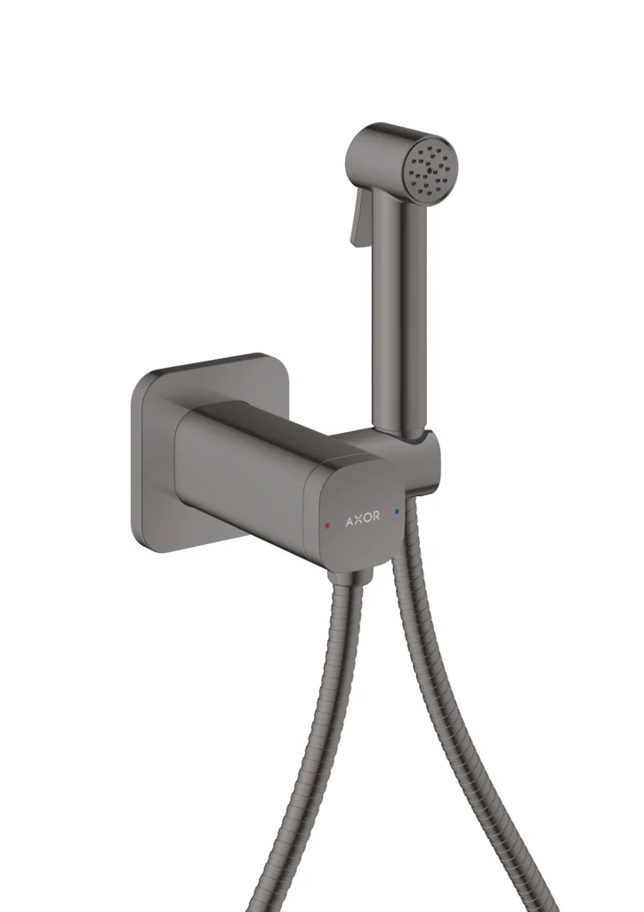 Hansgrohe AXOR Bidette Showers Handbrause 1-Jet softsquare Mischwasser Polished Black Chrome, Brauseschlauch 1.250 mm, 4,4 l/min Durchfluss