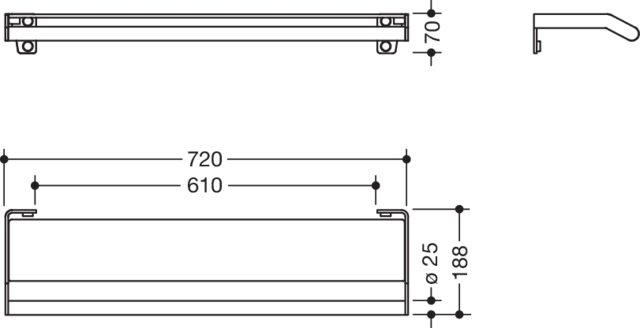 Ablage mit Haltegriff des Systems 900, Edelstahl, PVD, Glasplatte mit Splitterschutzfolie, weiß hinterlackiert, 720 mm breit, 70 mm hoch, 188 mm tief, in Farbe CK (messing glänzend)