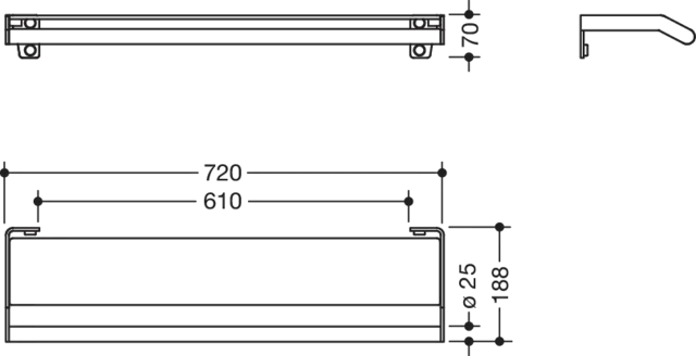 Ablage mit Haltegriff des Systems 900, Edelstahl, PVD, Glasplatte mit Splitterschutzfolie, weiß hinterlackiert, 720 mm breit, 70 mm hoch, 188 mm tief, in Farbe CK (messing glänzend) Ablage mit Haltegriff des Systems 900, Edelstahl, PVD, Glasplatte mit Splitterschutzfolie, weiß hinterlackiert, 720 mm breit, 70 mm hoch, 188 mm tief, in Farbe CK (messing glänzend)