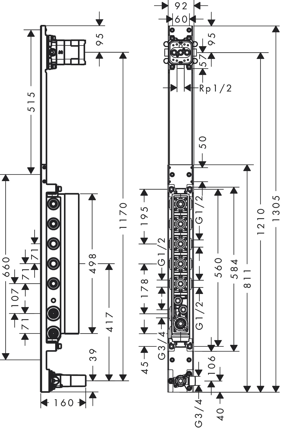 Hansgrohe AXOR ShowerComposition Grundkörper für Duschpaneel – Wandmontage, vertikale Montage, Einbautiefe 106–134 mm Hansgrohe AXOR ShowerComposition Grundkörper für Duschpaneel – Wandmontage, vertikale Montage, Einbautiefe 106–134 mm