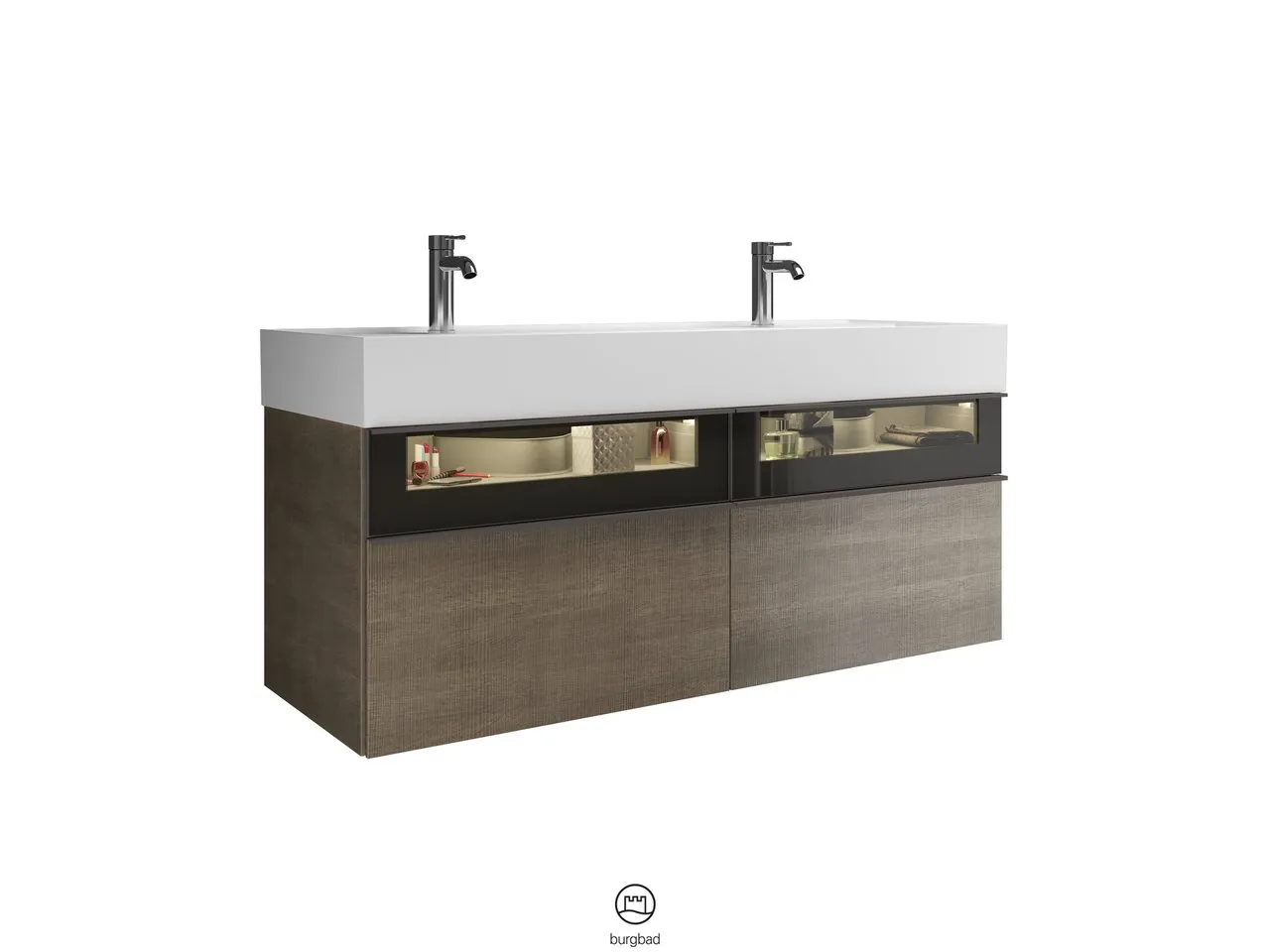 Mi-Waschtisch inkl. WTU Yumo von burgbad – 470x1315x610 mm, Mineralguss, Rauchglasfront, LED-Beleuchtung