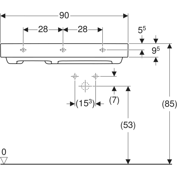 Wandwaschtisch mit Ablagefläche „One“ mit horizontalem Ablauf, rechteckig, Hahnlochposition rechts, Ablagefläche links 90 × 48 cm in weiß alpin mit KeraTect®
