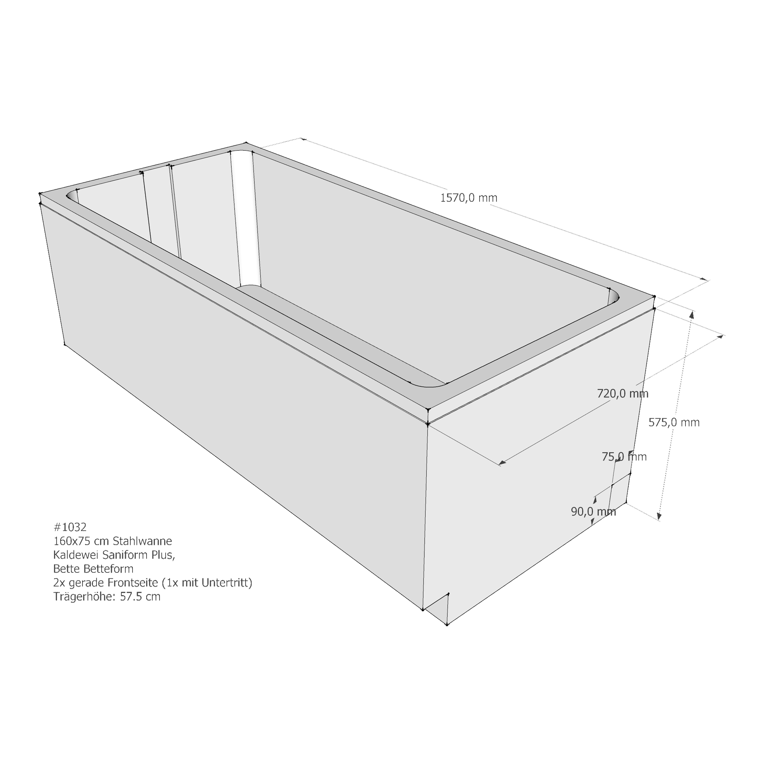 Badewannenträger für BetteForm, Kaldewei Saniform Plus/-Star 160 × 75 × 57,5 cm