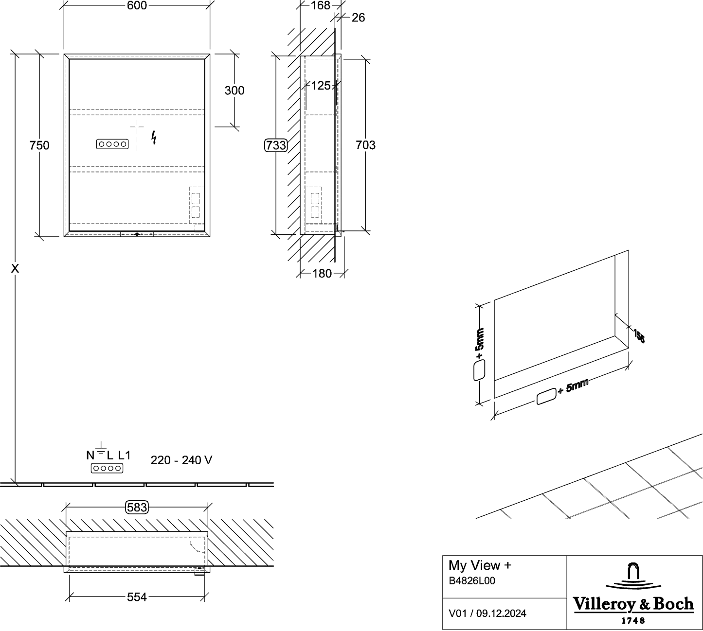 Villeroy & Boch Einbau-Spiegelschrank My View+ B4826L, 600x750x167mm mit Beleuchtung Villeroy & Boch Einbau-Spiegelschrank My View+ B4826L, 600x750x167mm mit Beleuchtung