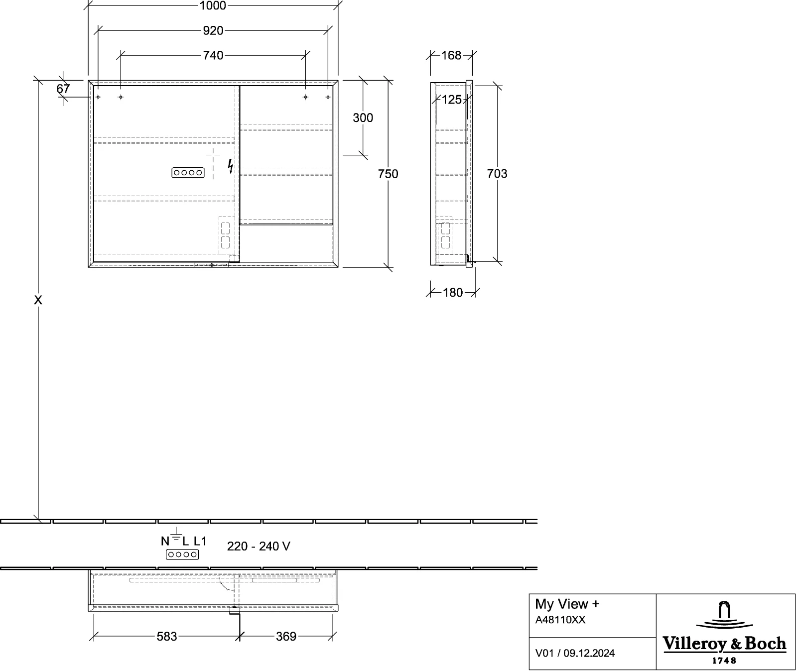 Villeroy & Boch Aufputz-Spiegelschrank My View+ A48110, 1000x750x168mm, Volcano Black