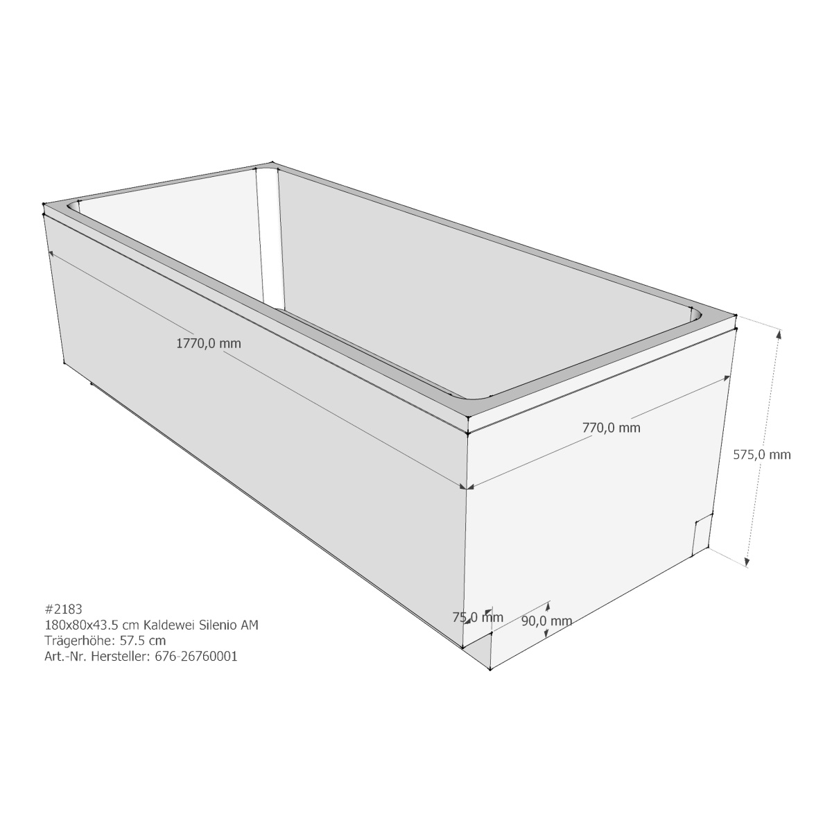 Set Badewanne Silenio 180 × 80 cm mit Träger und Viega-Ablauf