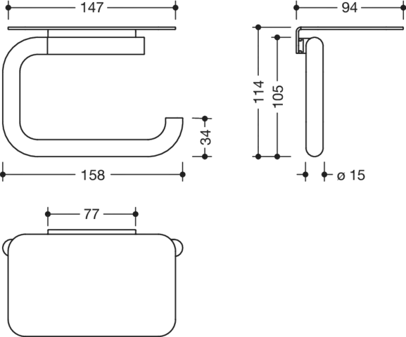 WC-Papierhalter mit Ablage, Edelstahl, pulverbeschichtet, Breite 158 mm, Höhe 114 mm, Durchmesser 15 mm, Ablage 147 mm breit, 94 mm tief, in Farbe DC (Schwarz tiefmatt) WC-Papierhalter mit Ablage, Edelstahl, pulverbeschichtet, Breite 158 mm, Höhe 114 mm, Durchmesser 15 mm, Ablage 147 mm breit, 94 mm tief, in Farbe DC (Schwarz tiefmatt)
