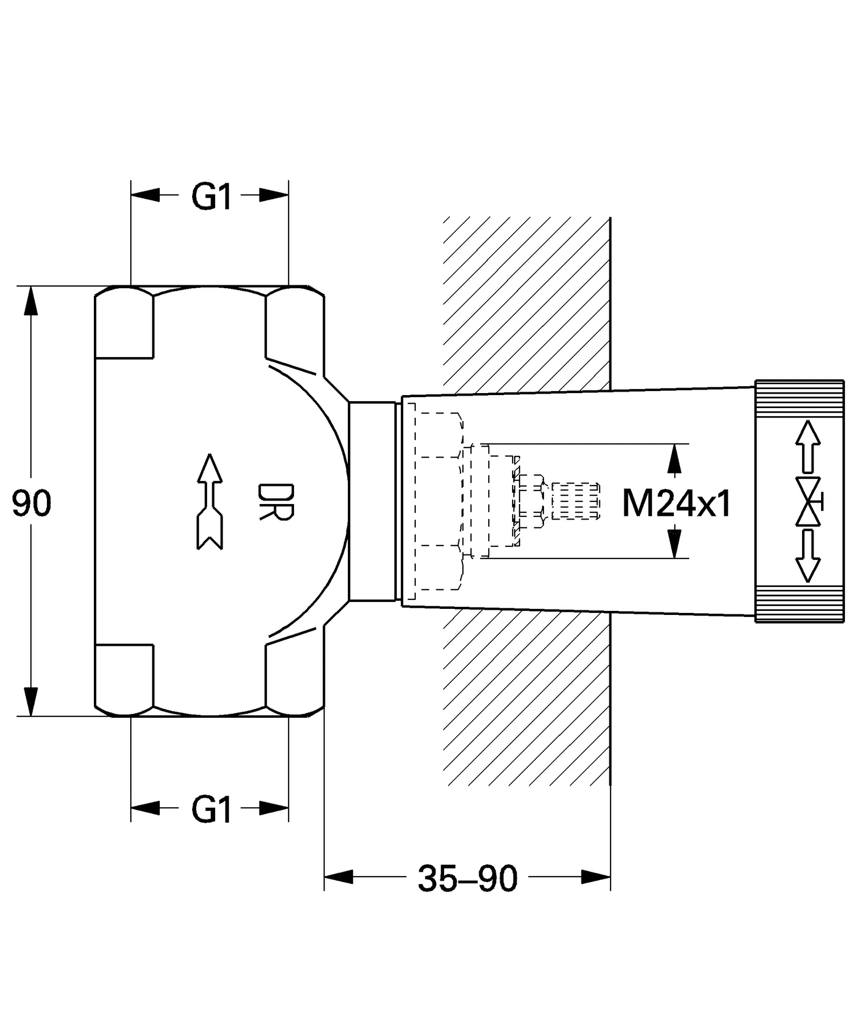 Unterputz-Ventil 29805, DN 25, vormontiertes Oberteil 1'', kurze Spindel, Gewindeanschluss 1'' Unterputz-Ventil 29805, DN 25, vormontiertes Oberteil 1'', kurze Spindel, Gewindeanschluss 1''