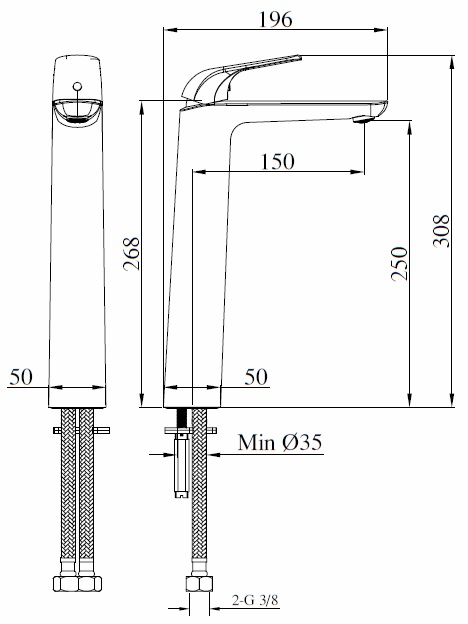 Waschtisch-Einhandbatterie AqvaPro - erhöhter Standfuß - 1 1/4" klick-KlackZugstangen-Ablaufgarnitur - Kartusche mit keramischen Dichtscheiben - Heißwassersperre - Wassermengendurchflussregulierung - flexible Druckschläuche 3/8", DVGW W270 - chrom