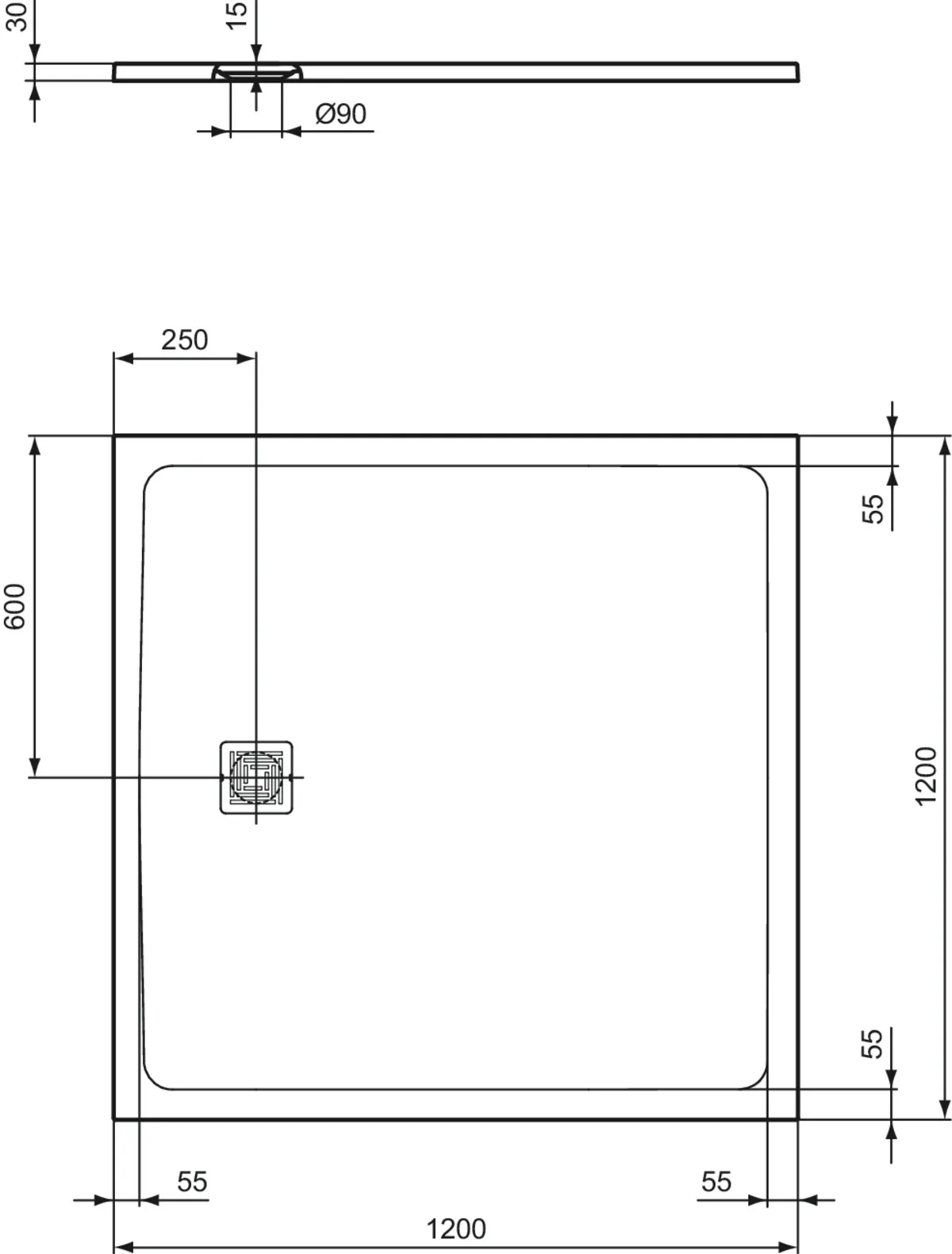 Ideal Standard Quadrat-Brausewanne Ultra Flat S + 1200x1200 mm Schiefer 30 mm Höhe Ideal Standard Quadrat-Brausewanne Ultra Flat S + 1200x1200 mm Schiefer 30 mm Höhe