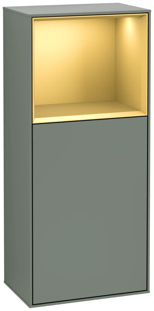 Villeroy & Boch Seitenschrank Finion F50 - Eckig, Olive Matt Lacquer mit Gold Regalelement, 418x936x270 mm, mit Beleuchtung und Push-to-open Funktion