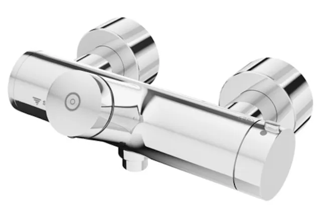 Aufputz-Duscharmatur VITUS VD-SC-T / u, Mischwasser, Thermostat, Selbstschluss-Aufputz-Duscharmatur, 2 RFV, 2x DN 15 G 1/2 AG, DN 15 G 1/2 AG (unten), chrom
