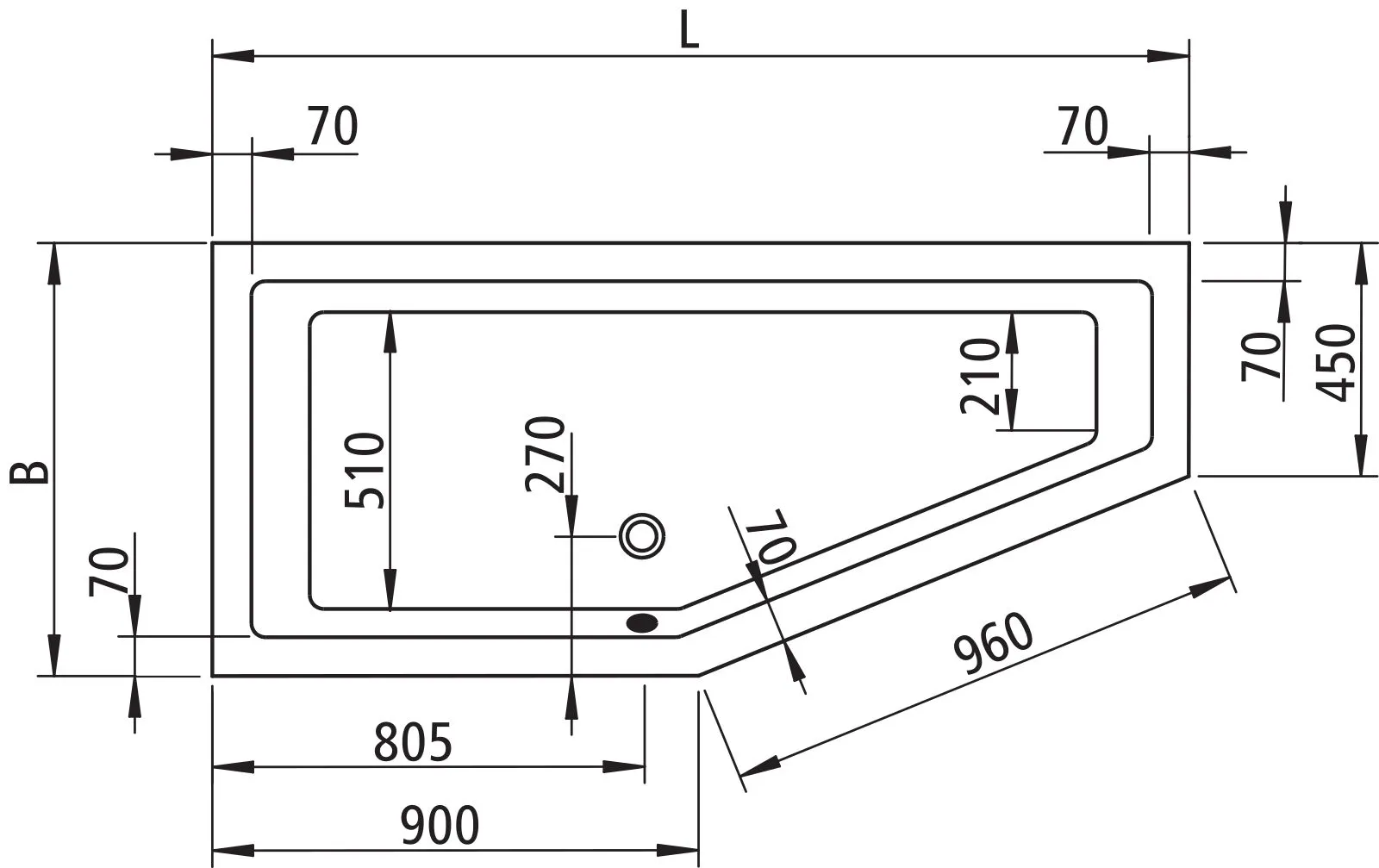 Kermi Duschdesign LIVORO VL1 Raumsparwanne Kopfteil links, weiß, 1804 x 800 mm, Einbauhöhe 590–640 mm