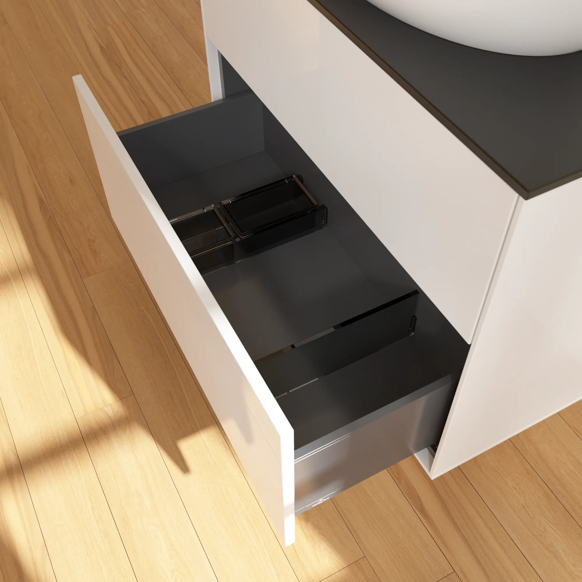 Villeroy & Boch Waschbeckenunterschrank Finion F87, Glossy White Lacquer / Glass Black Matt, 800 x 603 x 501 mm, mit SoftClosing und Push-to-open Funktion Villeroy & Boch Waschbeckenunterschrank Finion F87, Glossy White Lacquer / Glass Black Matt, 800 x 603 x 501 mm, mit SoftClosing und Push-to-open Funktion