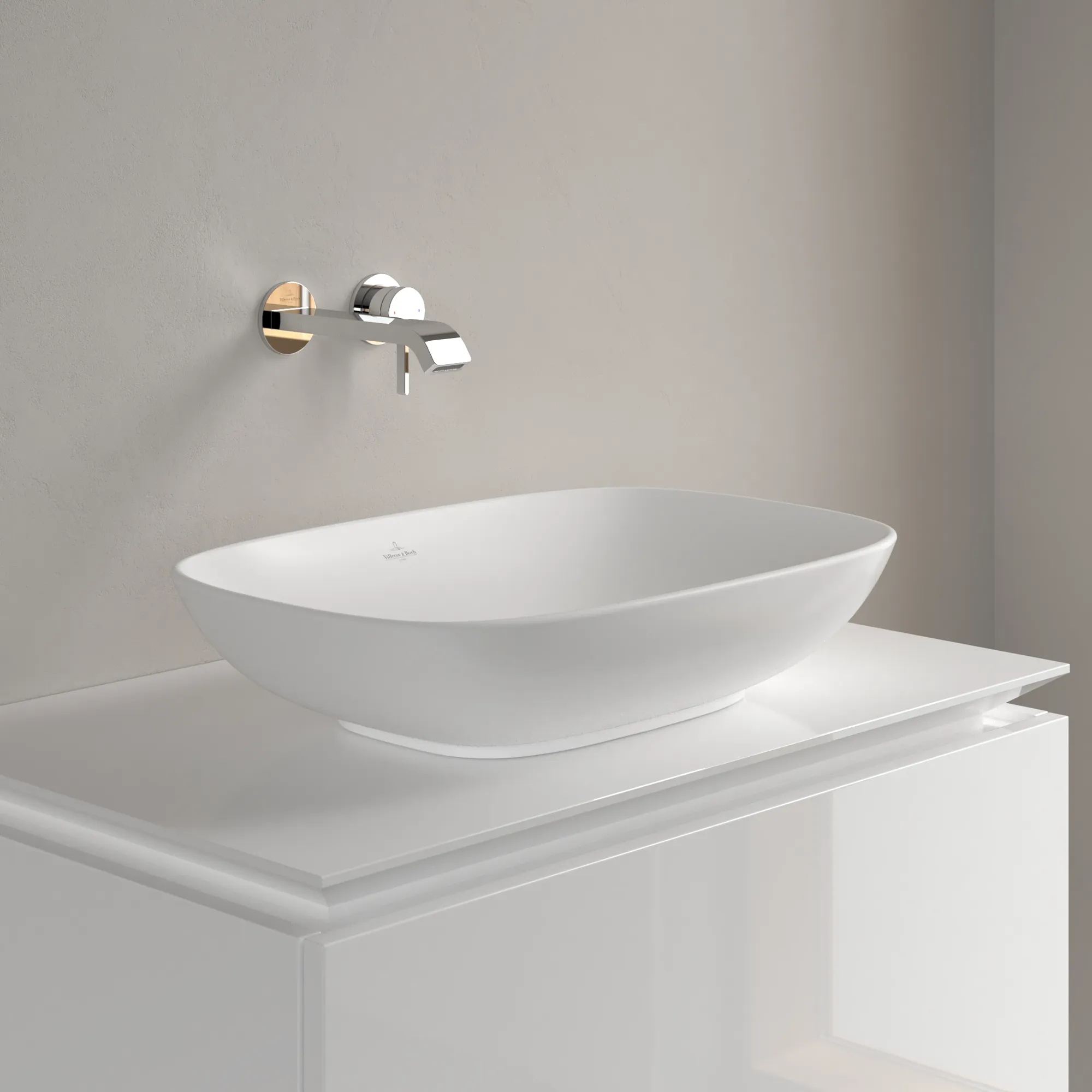 Villeroy & Boch Aufsatzwaschtisch aus TitanCeram „Loop & Friends“ 560 × 380 × 150 mm, ohne Hahnlochbohrung in Stone White