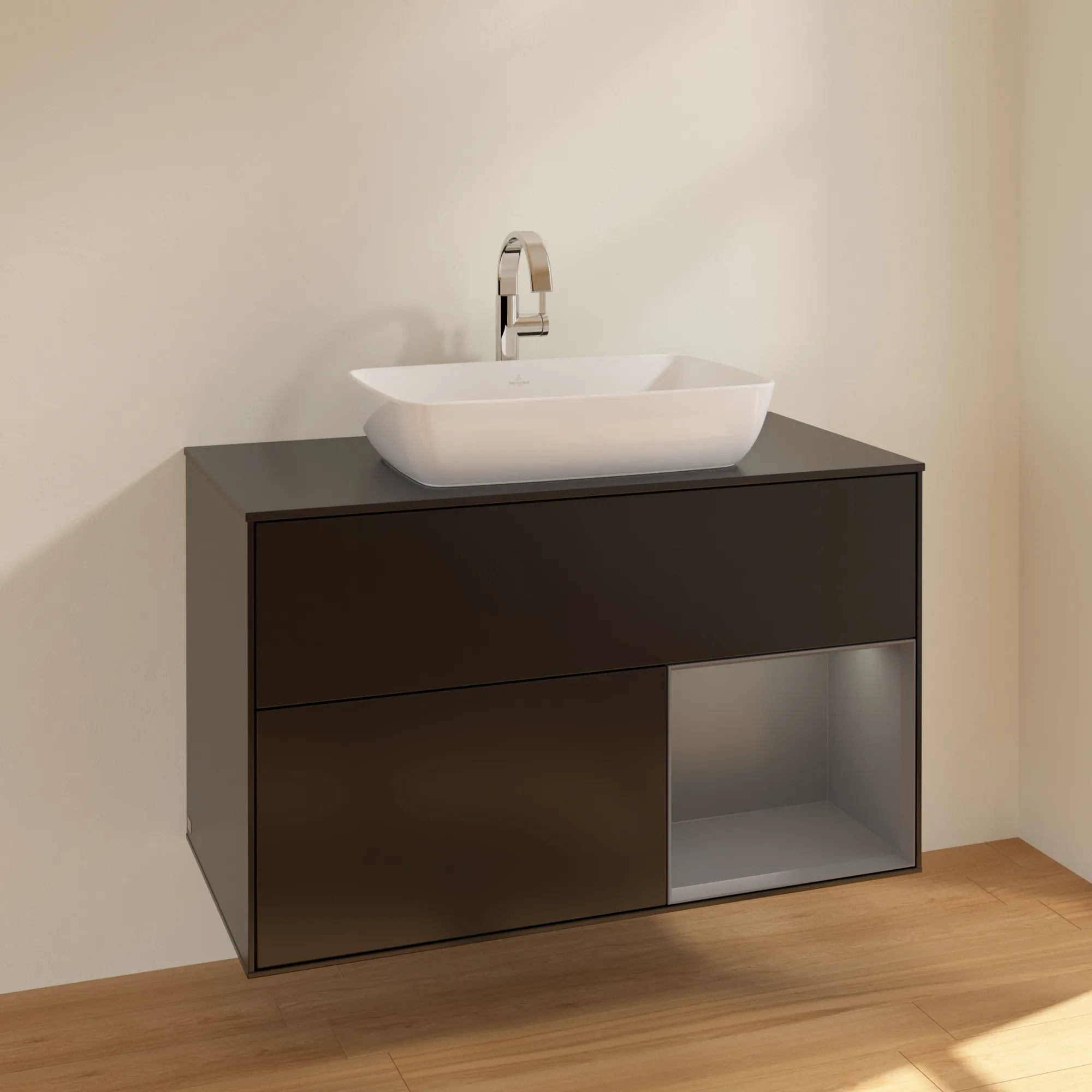 Villeroy & Boch Waschbeckenunterschrank Finion F78, 1000 x 603 x 501 mm, Black Matt Lacquer, mit Beleuchtung und Push-to-open Funktion