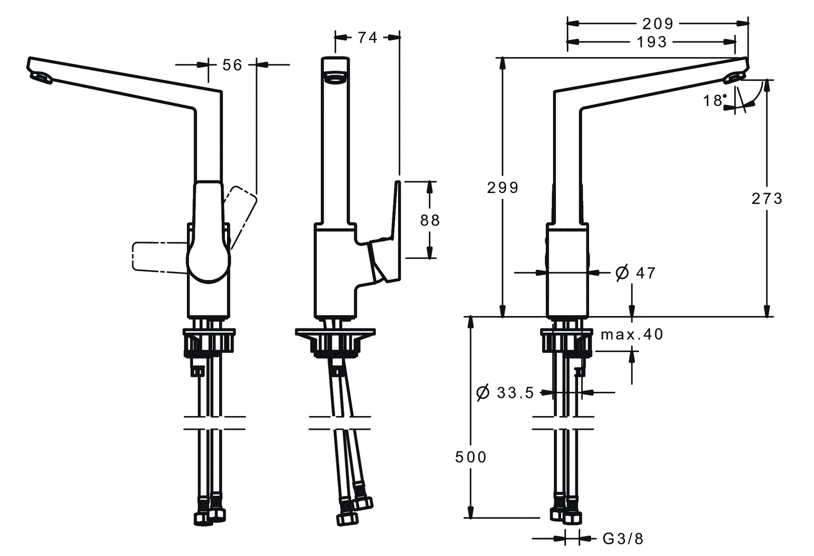HansaTWIST Einhebelmischer Küchenarmatur Bügelhebel Ausladung 193 mm DN15 Chrom