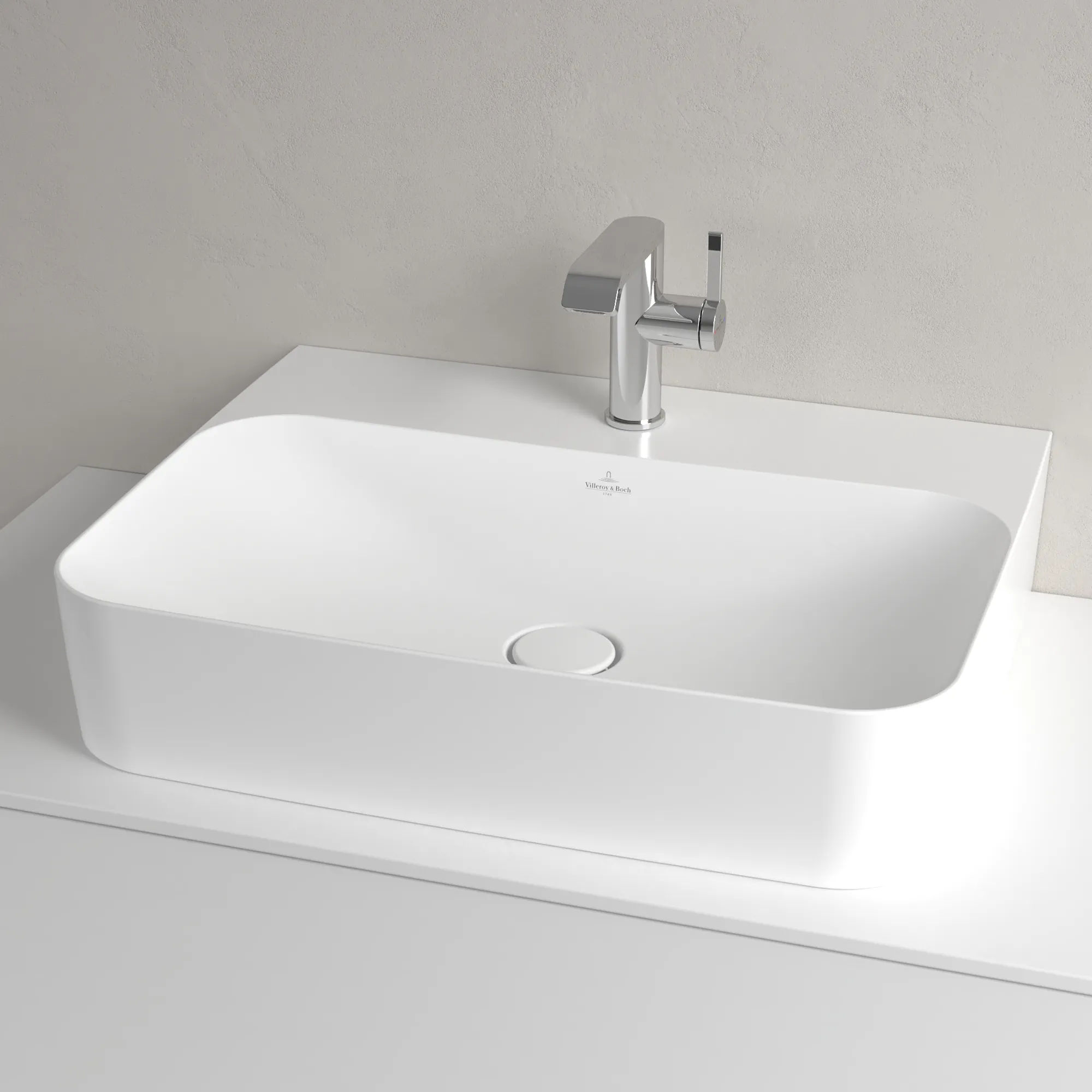 Villeroy & Boch Wandwaschtisch aus TitanCeram geschliffen „Finion“ 600 × 470 × 164 mm, mit Hahnlochbohrung, Hahnlochposition mittig in Stone White, mit CeramicPlus