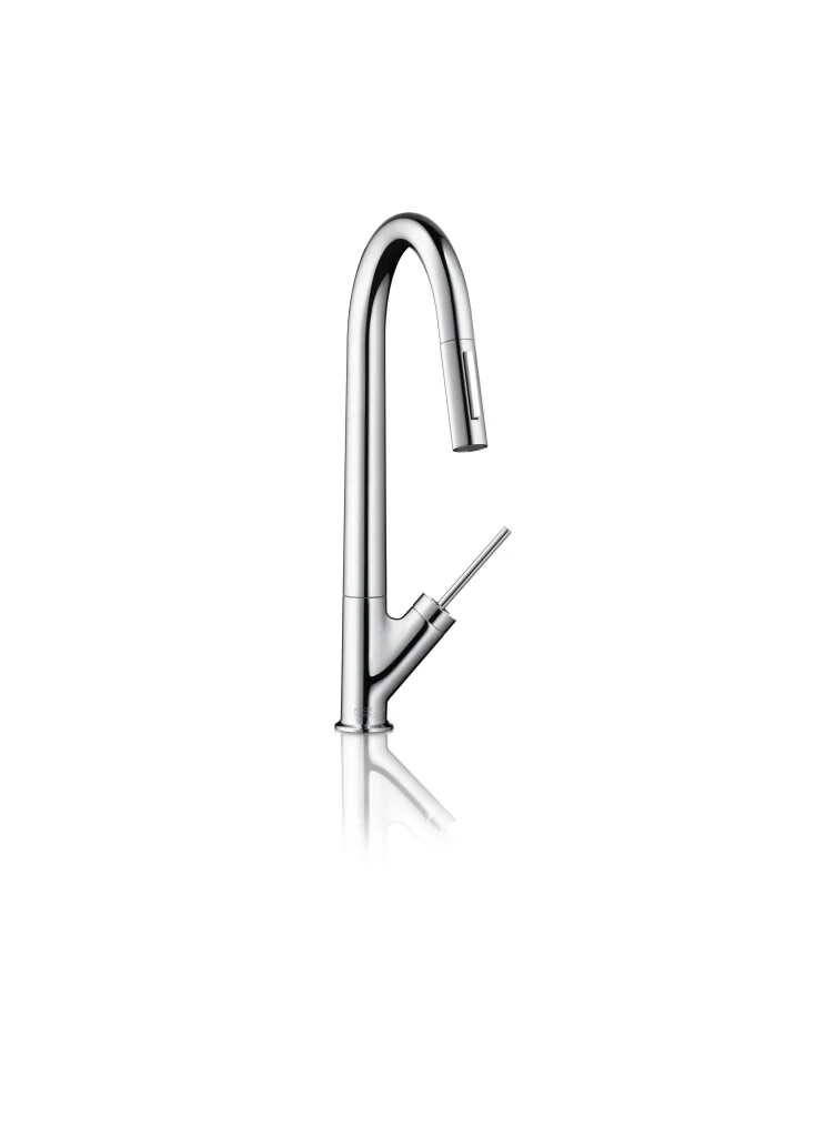 Hansgrohe AXOR Starck Küchenmischer chrom, Einhebel-Küchenmischer 270 mit Ausziehbrause, Schwenkbereich einstellbar auf 110° oder 150°, Laminarstrahl, MagFit magnetische Brausehalterung, Quick-Connect Schlauch, max. Durchflussmenge 9 l/min, Auszugslänge